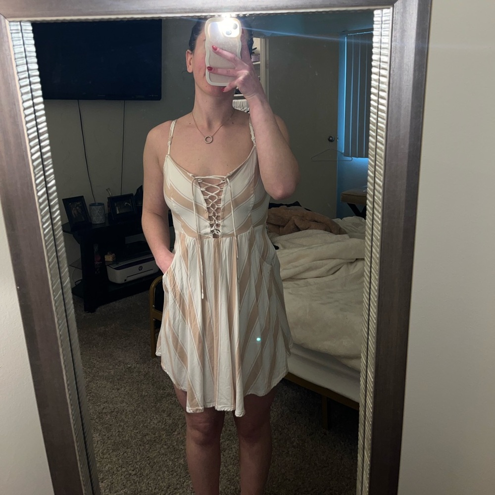 Nude and white striped lace up dress